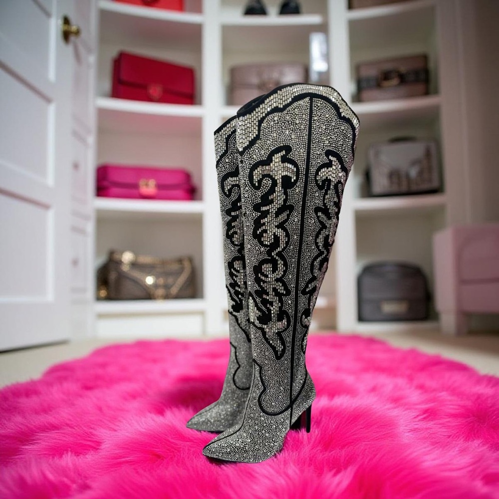 INC International Concepts NWT Sz 6.5 Black Rhinestone Embellished Boots (SH150)